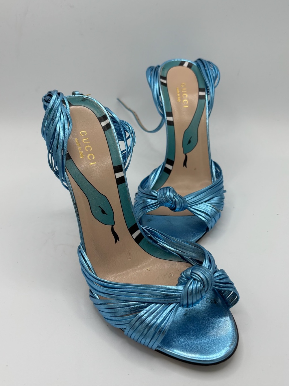 Gucci Allie Metallic Knotted Aqua Blue Ankle Strap Heels